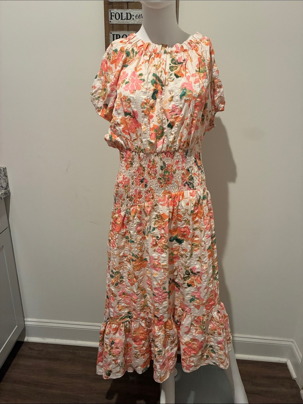 Misa Los Angeles Peach and Green Floral Smocked Midi Dress